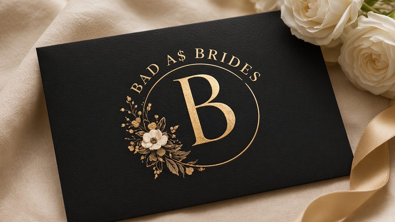 Black and gold Bad A$ Brides card with white roses
