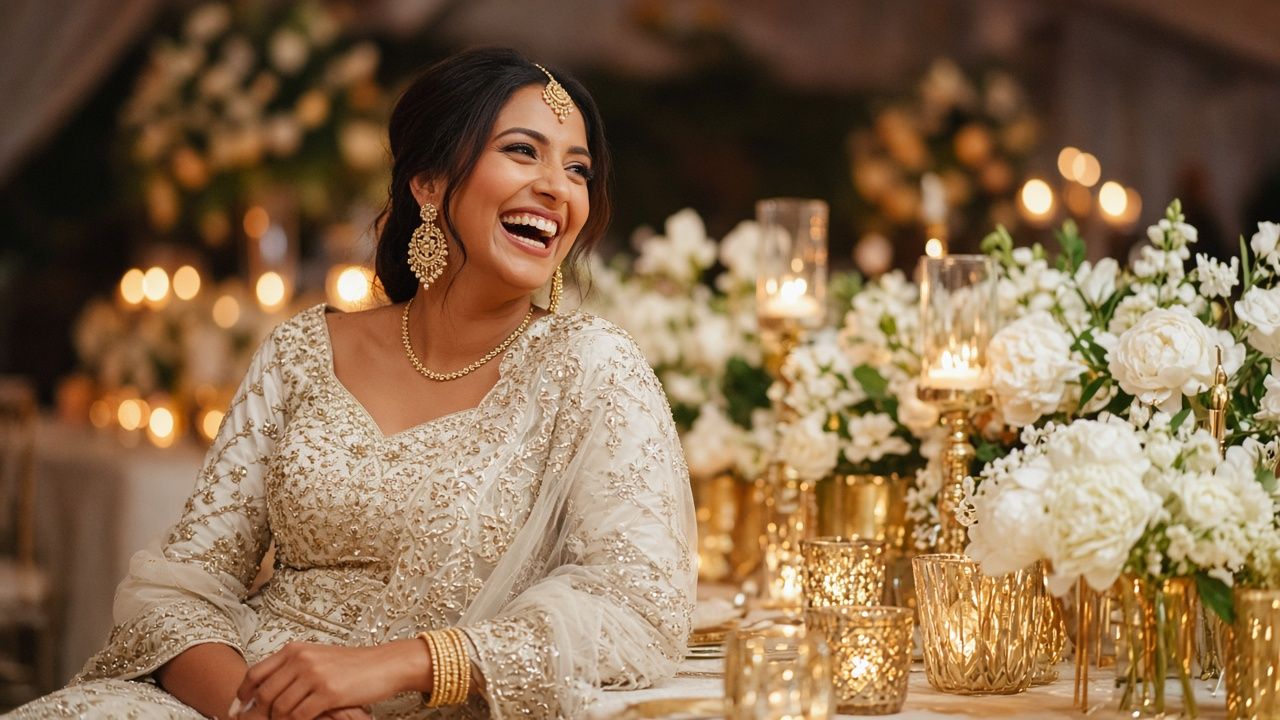 Bride laughing at a candlelit reception with gold accents