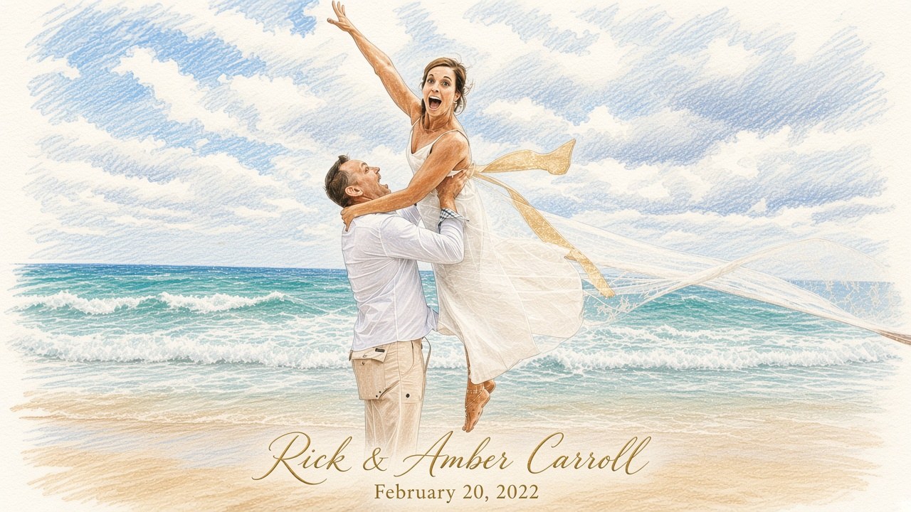 Colored pencil keepsake portrait of a bride lifted by her groom on a beach, with gold calligraphy reading Rick & Amber Carroll, February 20, 2022